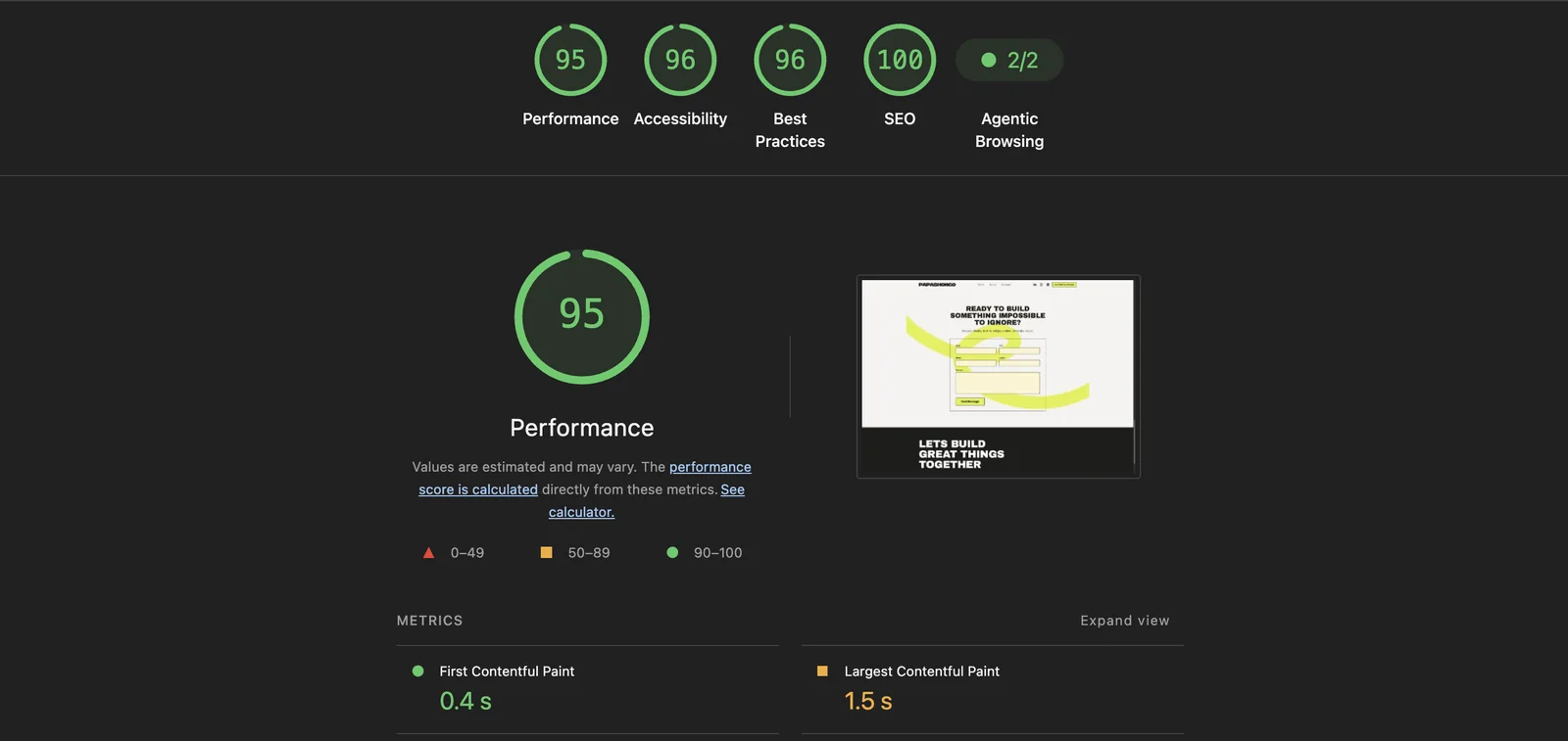 Desktop Lighthouse audit of the portfolio, scoring 95 performance, 96 accessibility, 96 best practices and 100 SEO