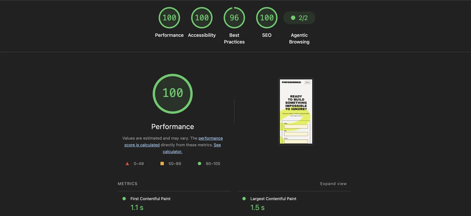Mobile Lighthouse audit of the portfolio, scoring 100 performance, 100 accessibility, 96 best practices and 100 SEO