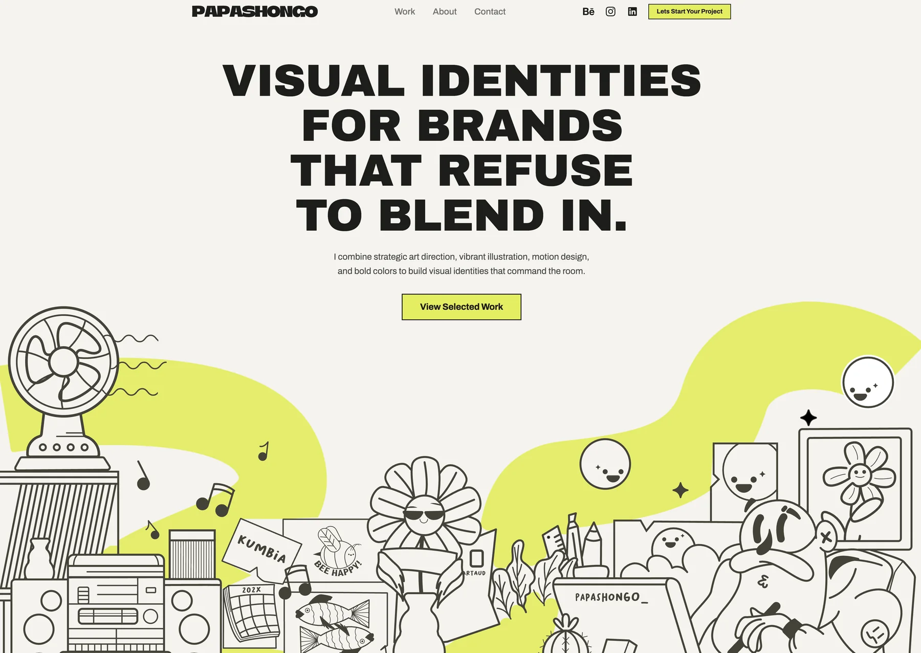 Home page of Alberto Olivero's portfolio, with the headline about visual identities over a full-width line illustration