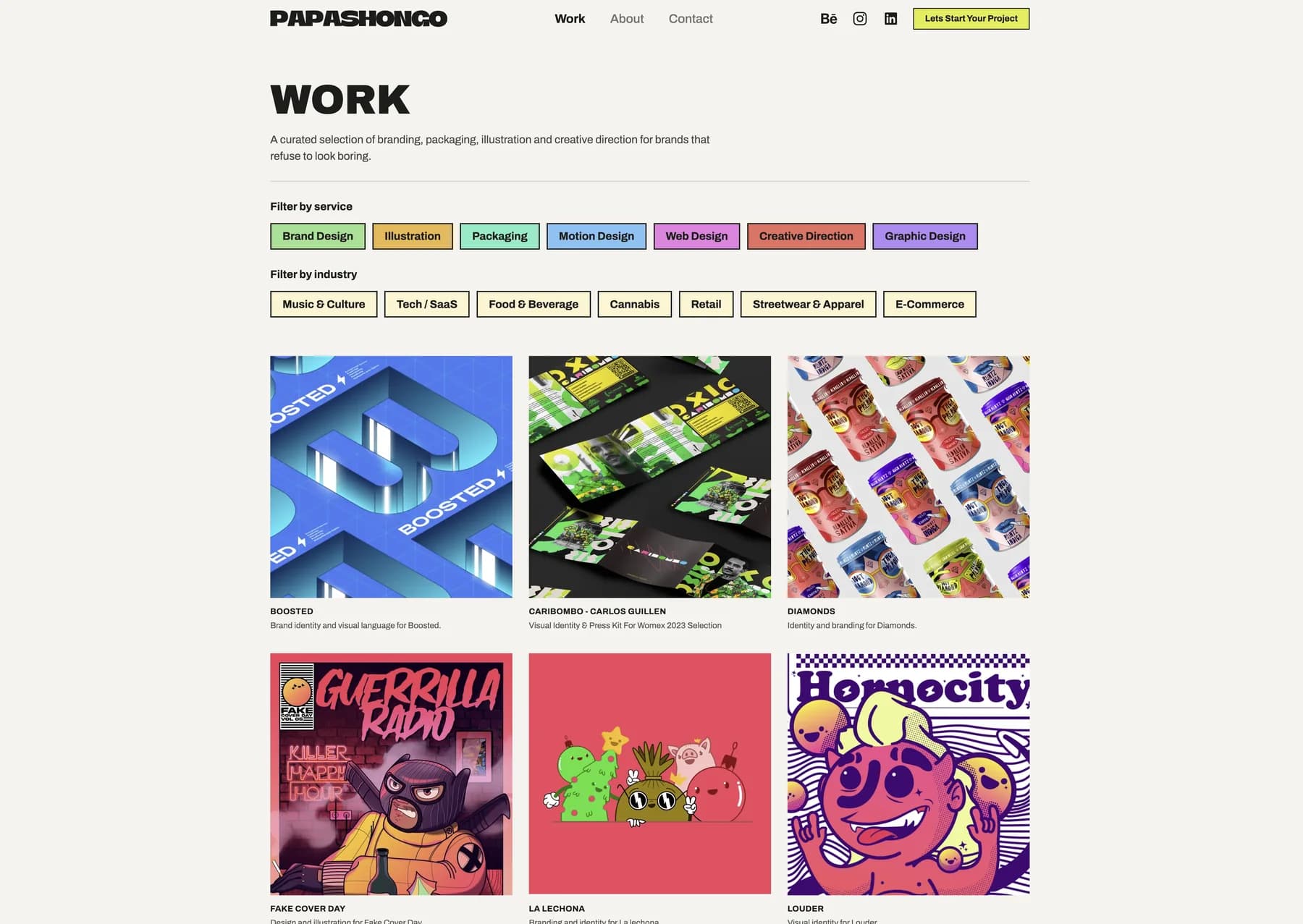Work page with the filters by service and by industry above the project grid