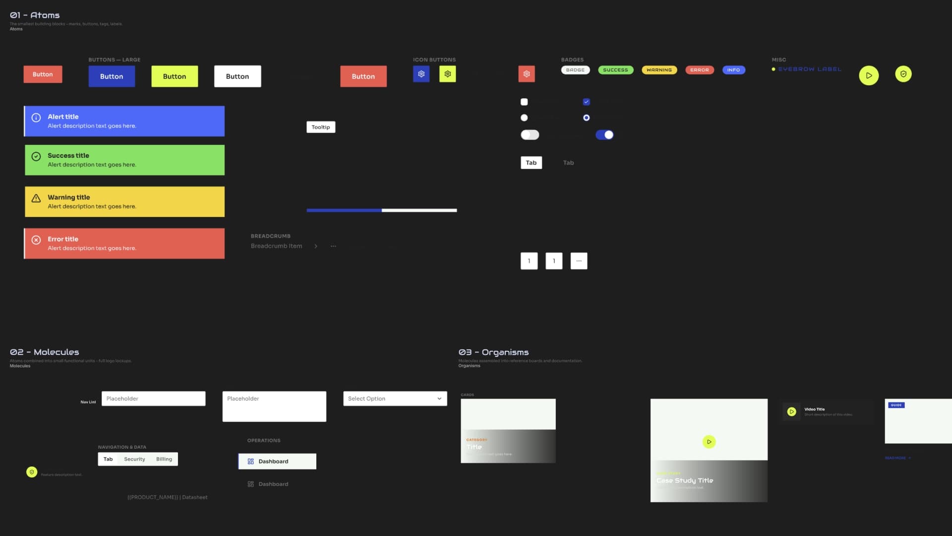Design system component library organized by atomic-design tiers