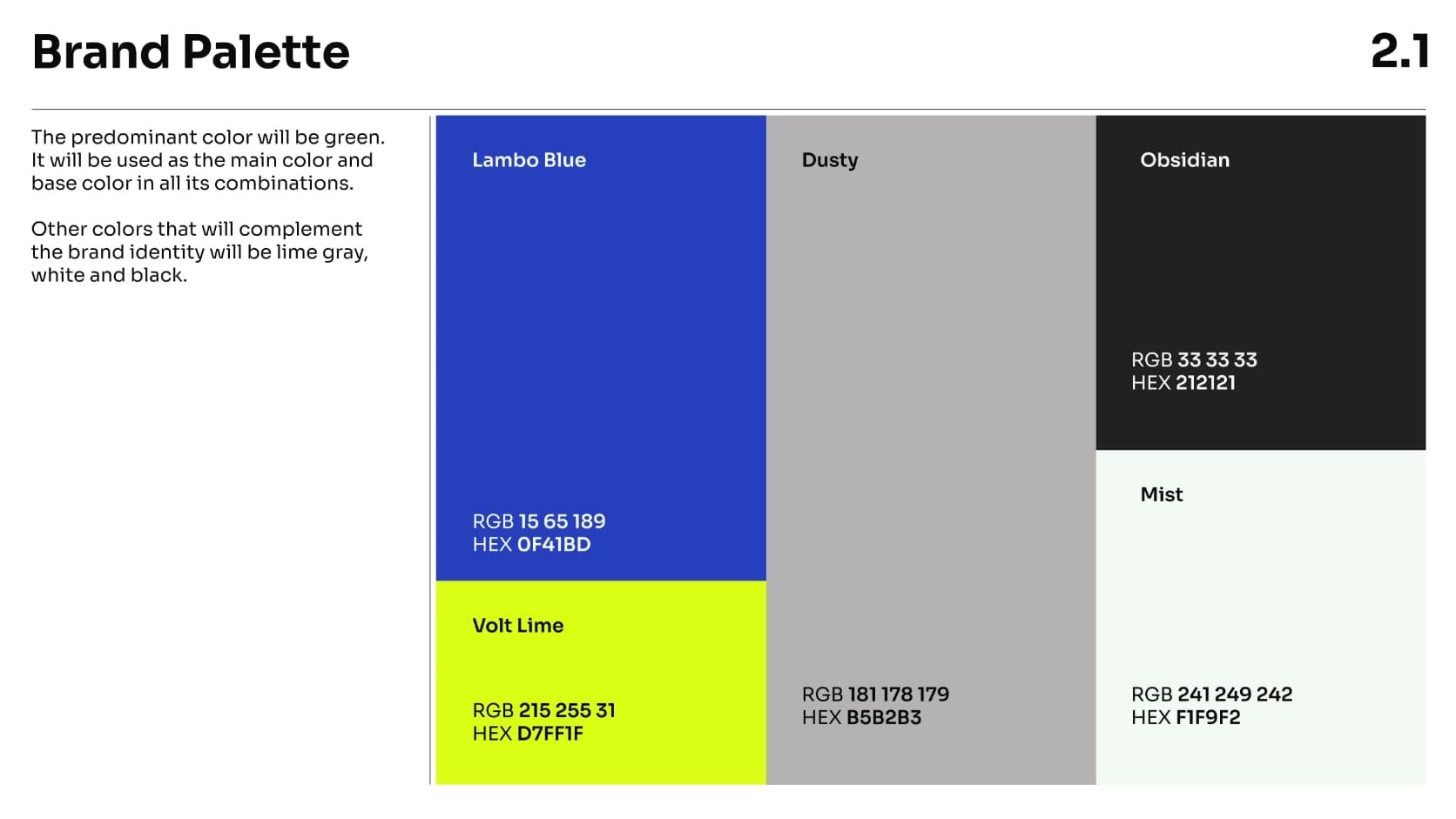 Brand manual spread showing the color palette with names and hex values