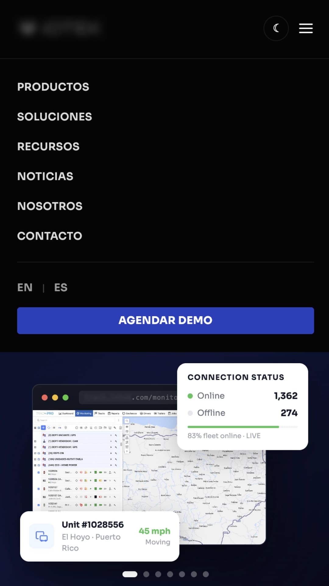 Mobile responsive view of the bilingual website with an open navigation menu and a live fleet-tracking dashboard