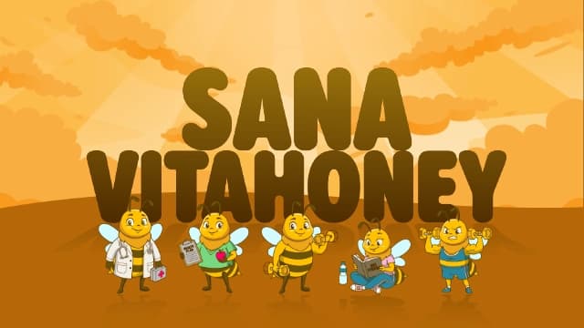 SANA VitaHoney brand illustration with five cartoon bee mascots in doctor, reading, and workout poses against an orange sunset background