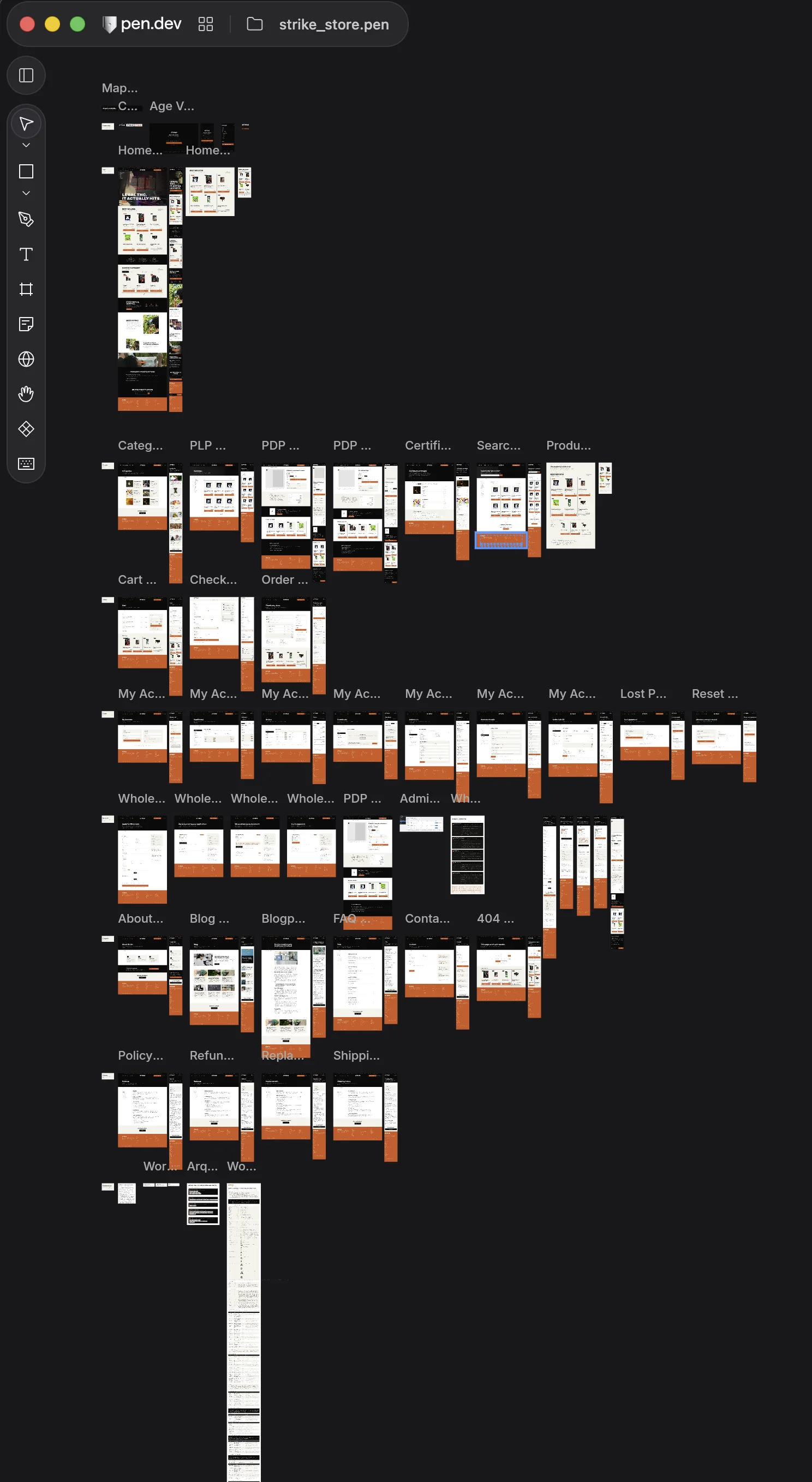 Design file for the Strike migration with its roughly forty screens mapped out, from the home page through customer account, checkout, wholesale channel and policy pages