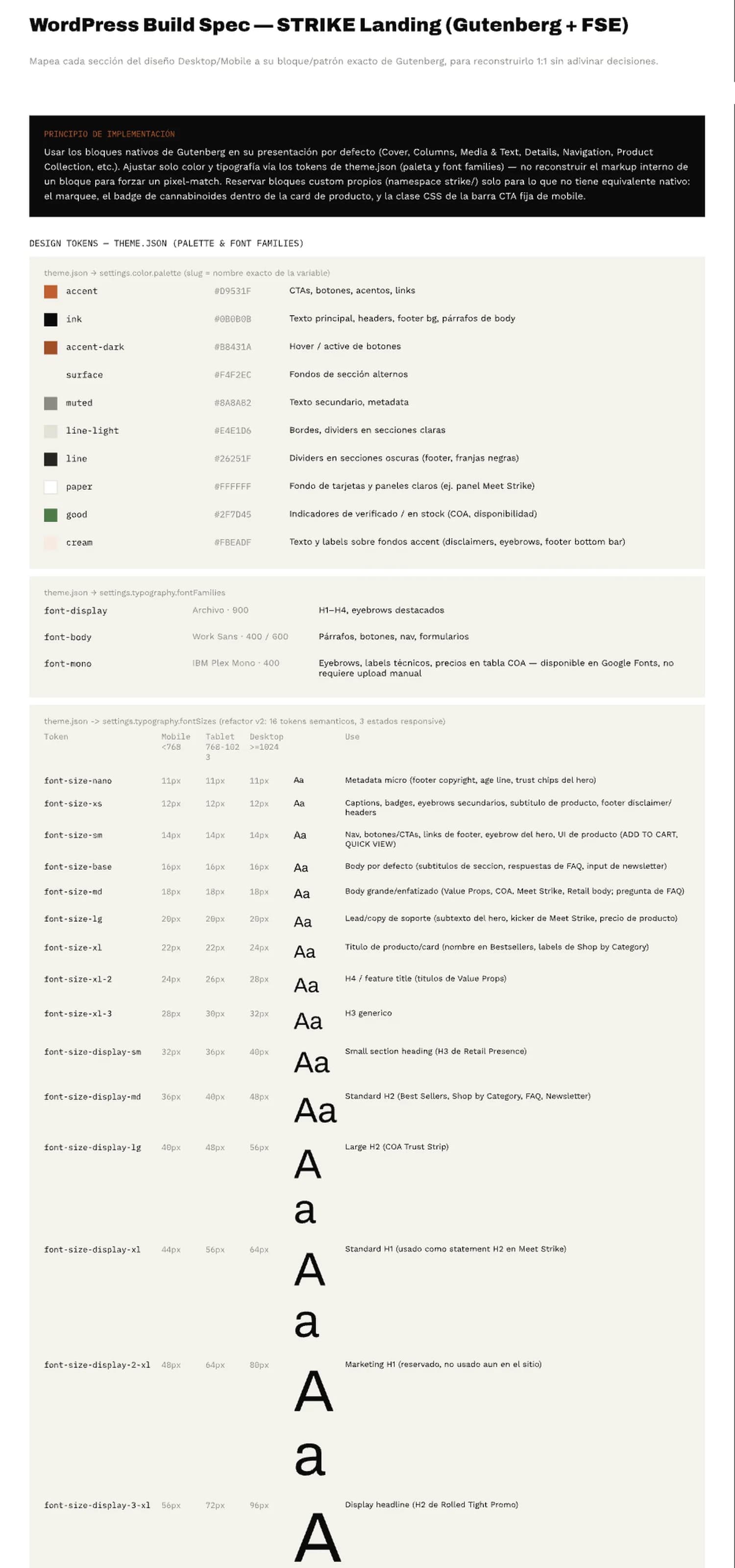 Build spec showing the implementation principle, the theme.json token palette and the type scale per breakpoint