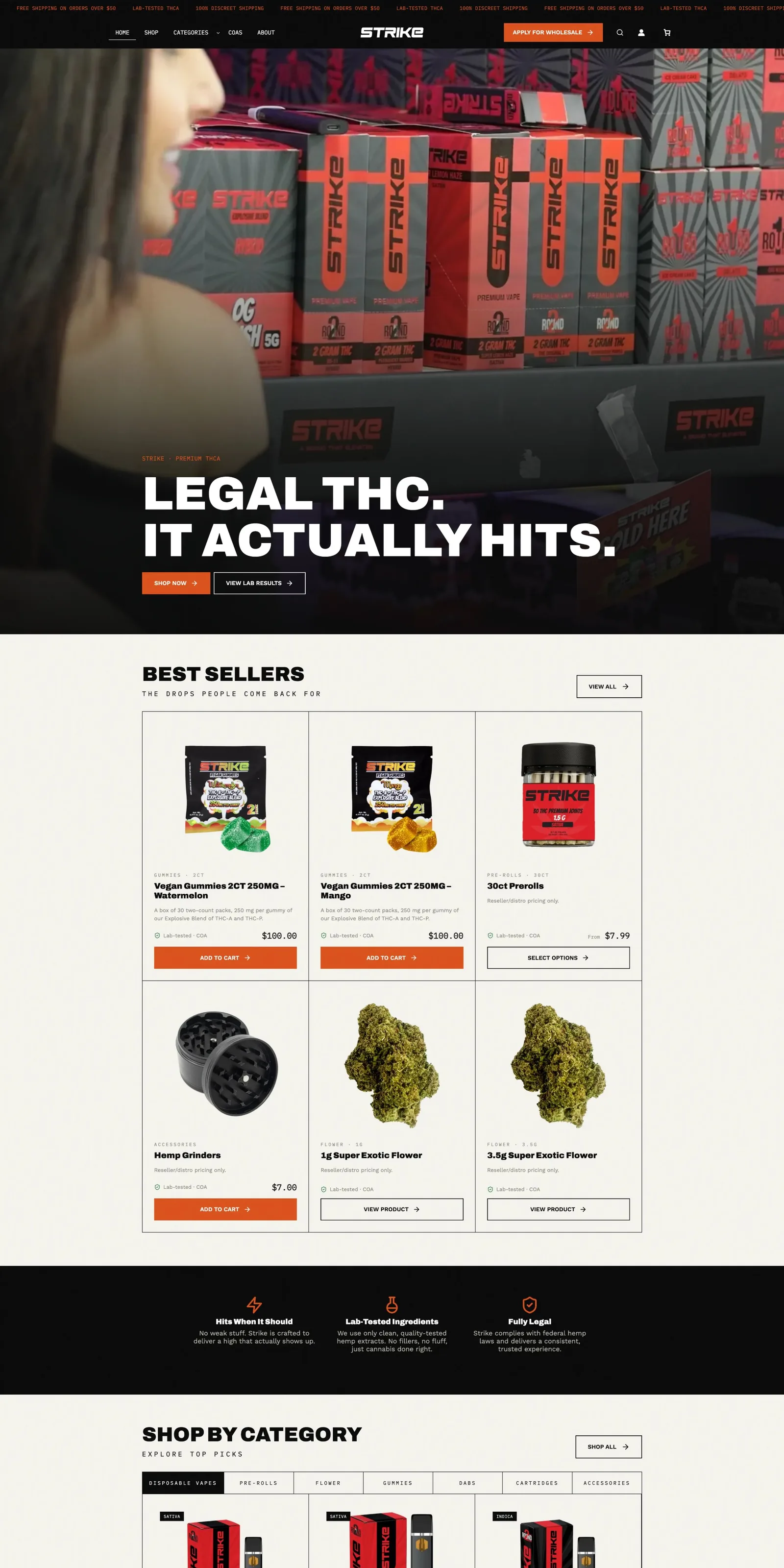 Home page of the new Strike site on WooCommerce, with the hero, best sellers and category navigation