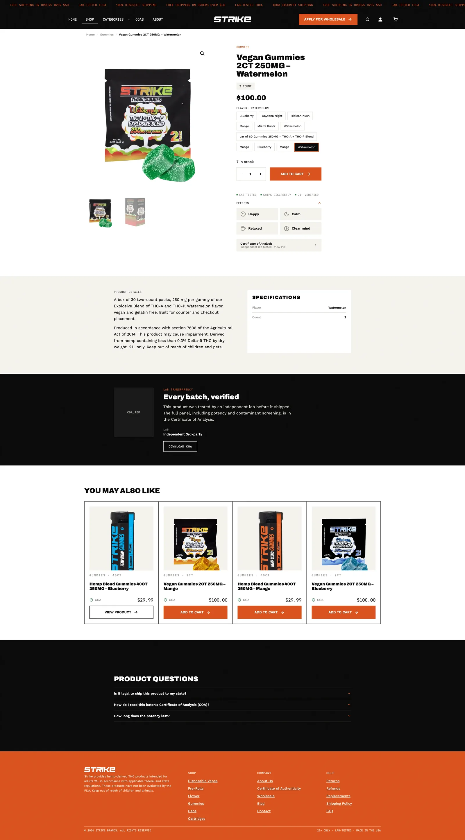WooCommerce product page with the variant selector, effects, a downloadable Certificate of Analysis block and related products