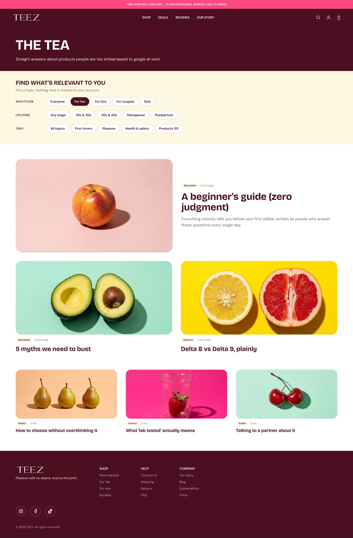 TEEZ blog template, The Tea: a topic filter taxonomy by audience, life stage and subject, over a mixed-size article grid