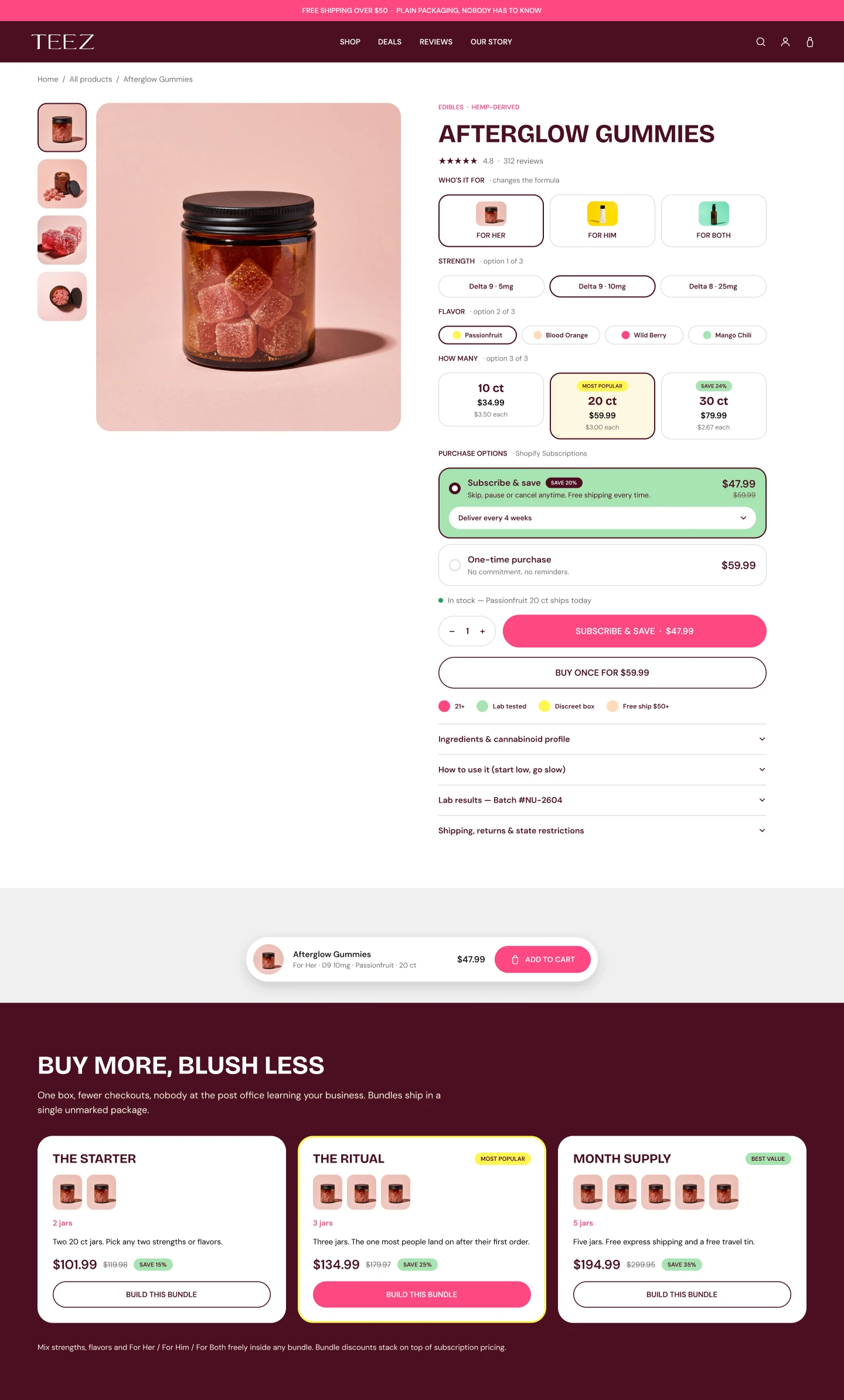 TEEZ product detail page: media gallery, audience and strength variant pickers, quantity breaks, subscribe-and-save, and the three bundle tiers