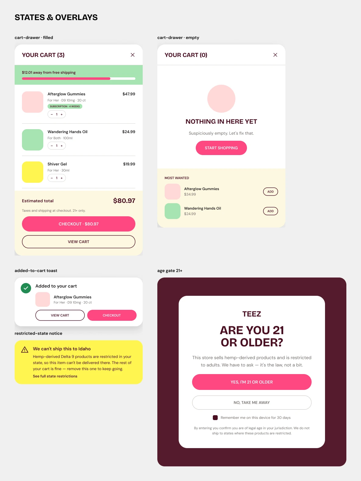 TEEZ theme states and overlays: cart drawer filled and empty, added-to-cart toast, restricted-state shipping notice, and the 21+ age gate