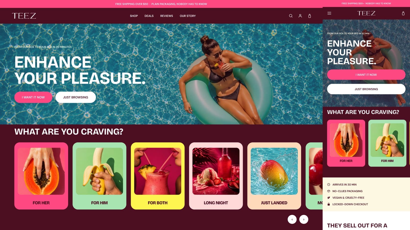 TEEZ storefront homepage hero and product-category grid, on desktop and mobile