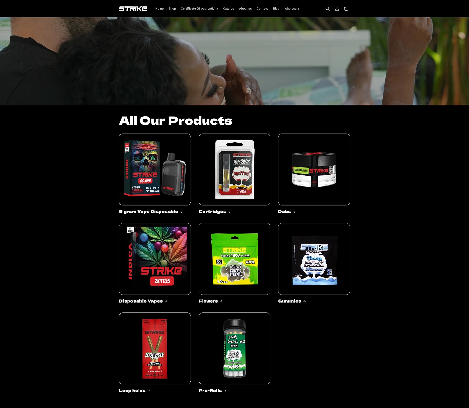 Strike storefront homepage showing the full product catalog grid across categories like vape disposables, cartridges, dabs, flowers, and gummies