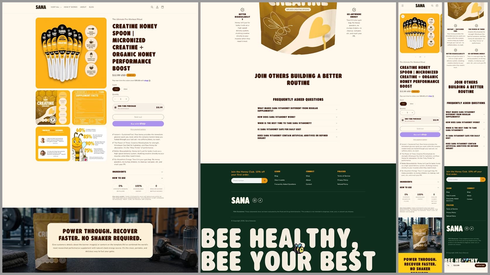 SANA product page built on metafields, showing benefits, ingredients, and supplement-facts content on desktop and mobile