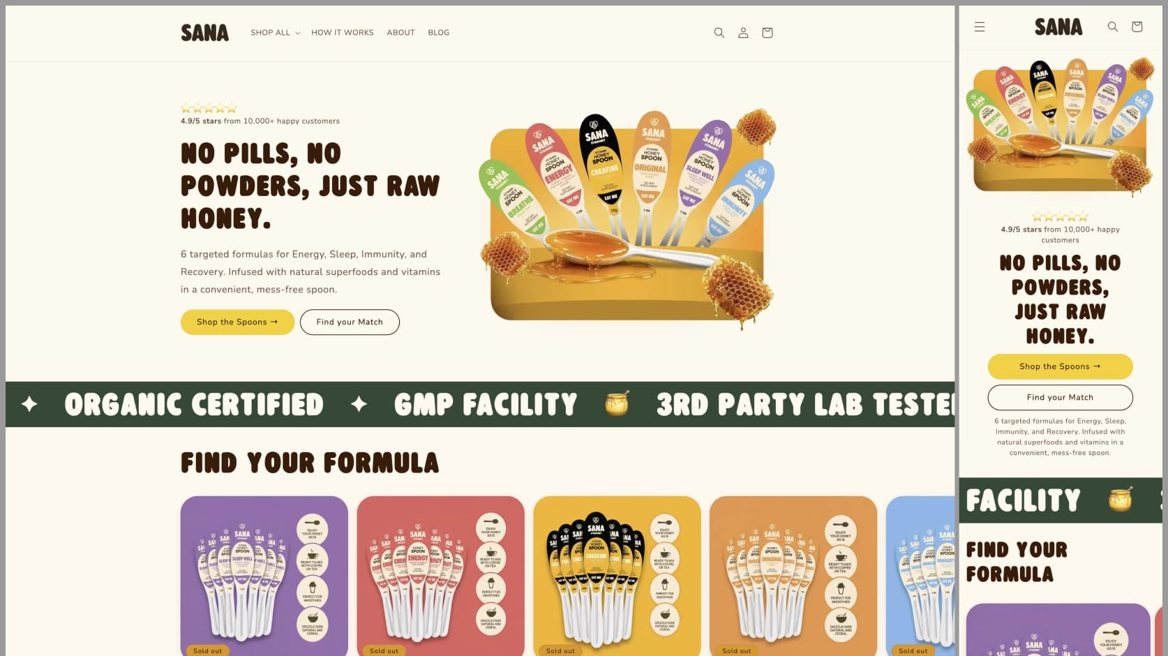 SANA storefront homepage hero showing the six honey-spoon formulas, on desktop and mobile