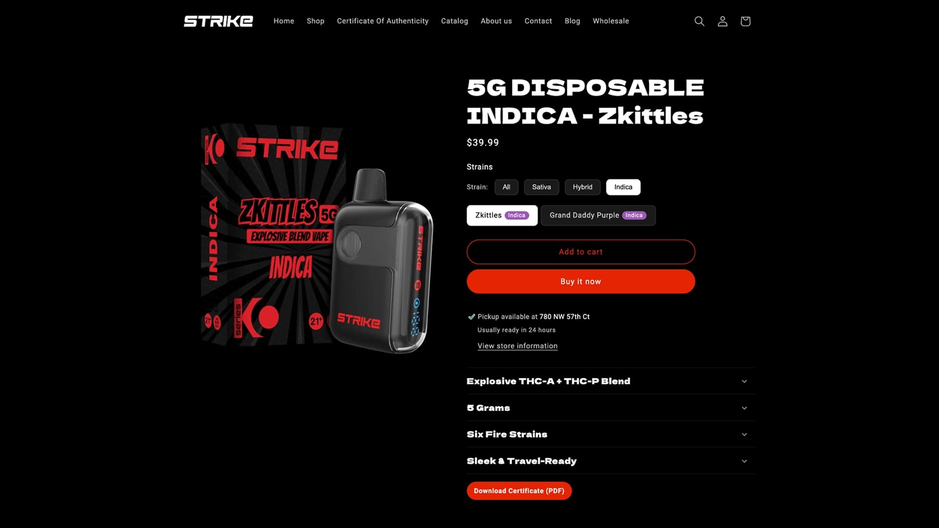 Strike product page with strain-based filtering controls and strain variant pills