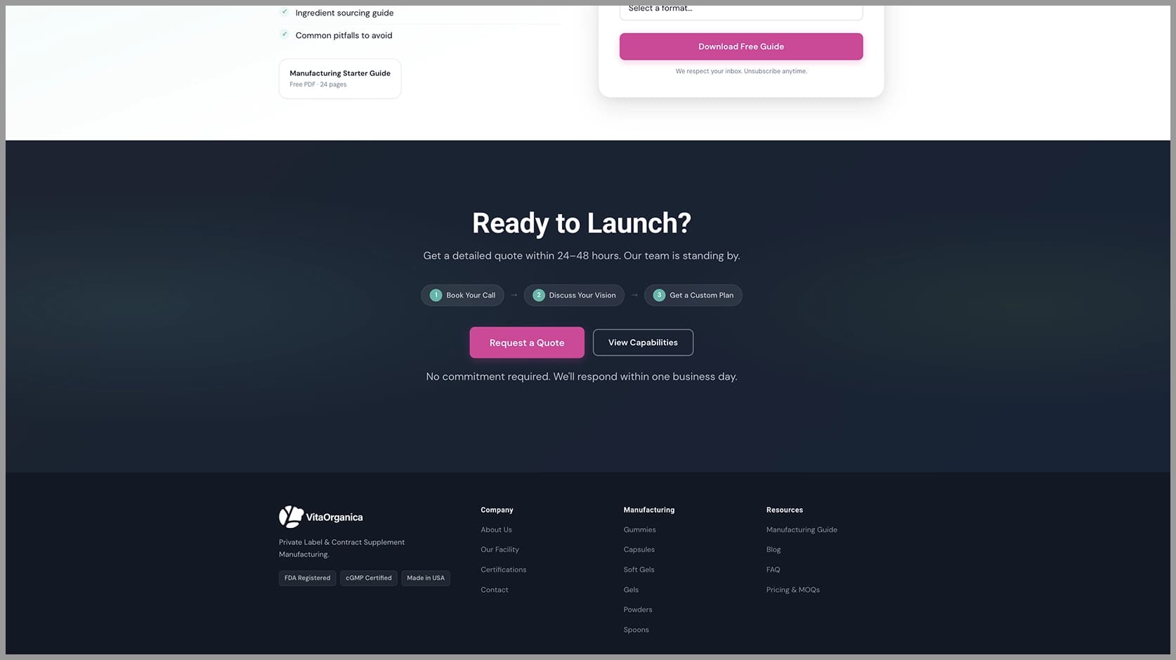 Vita Organica's final call-to-action section and site footer, with the Request a Quote flow
