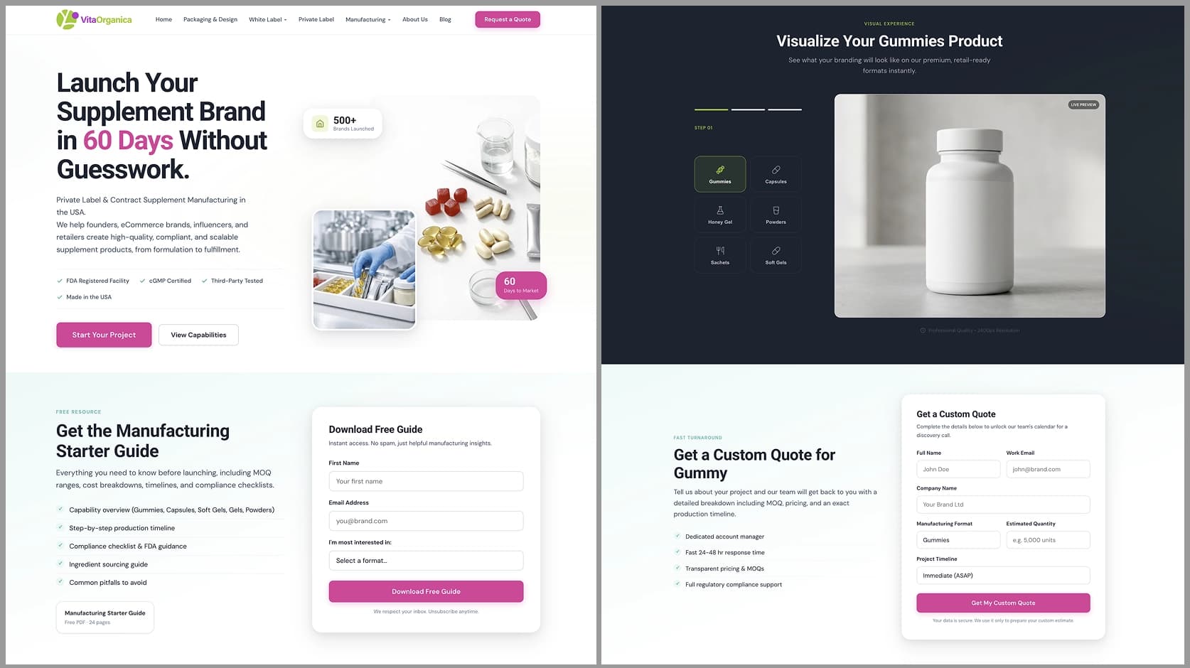Vita Organica homepage hero alongside the guide-download form, custom-quote form, and mockup tool preview